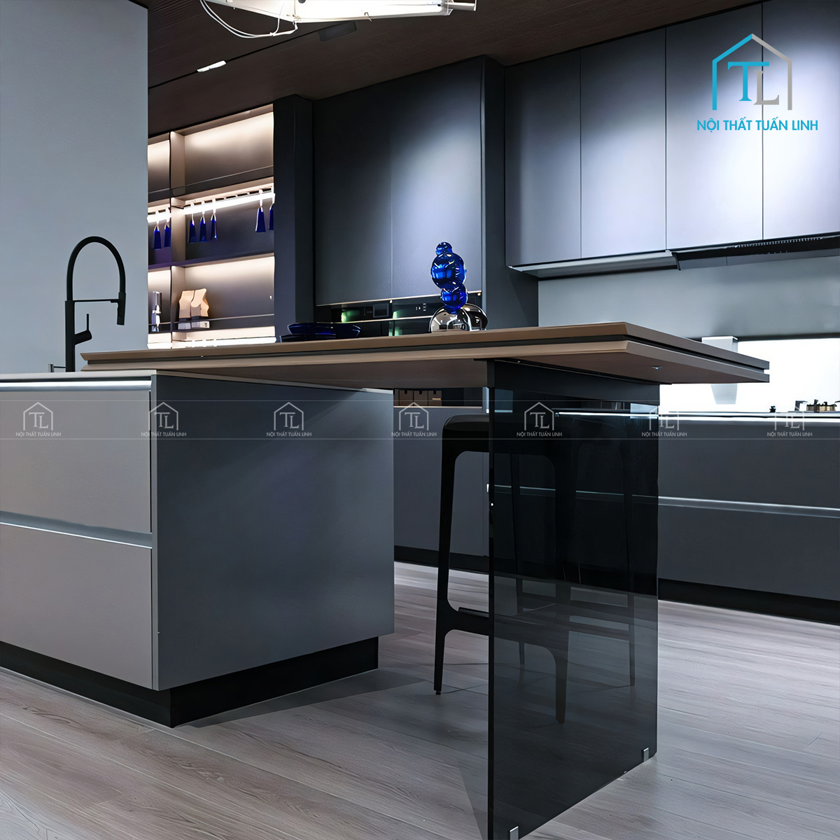 Tủ bếp gỗ công nghiệp màu xám hiện đại