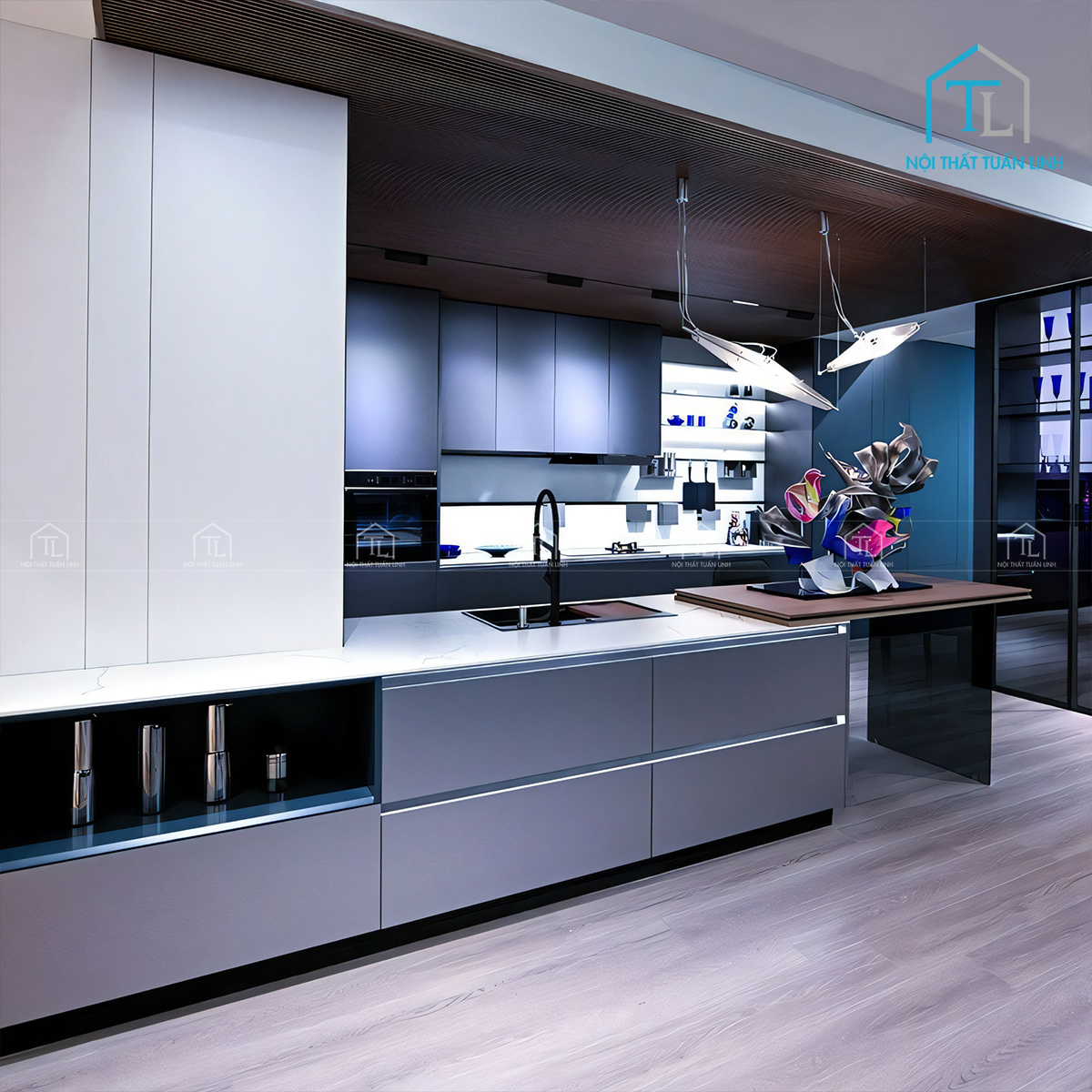 Tủ bếp gỗ công nghiệp màu xám hiện đại