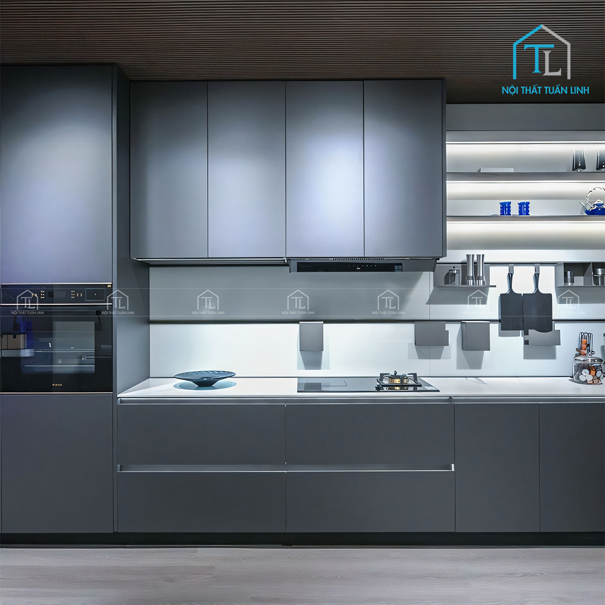 Tủ bếp gỗ công nghiệp màu xám hiện đại
