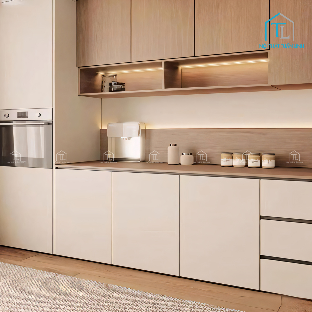 Tủ bếp gỗ công nghiệp MDF hiện đại phối vân gỗ