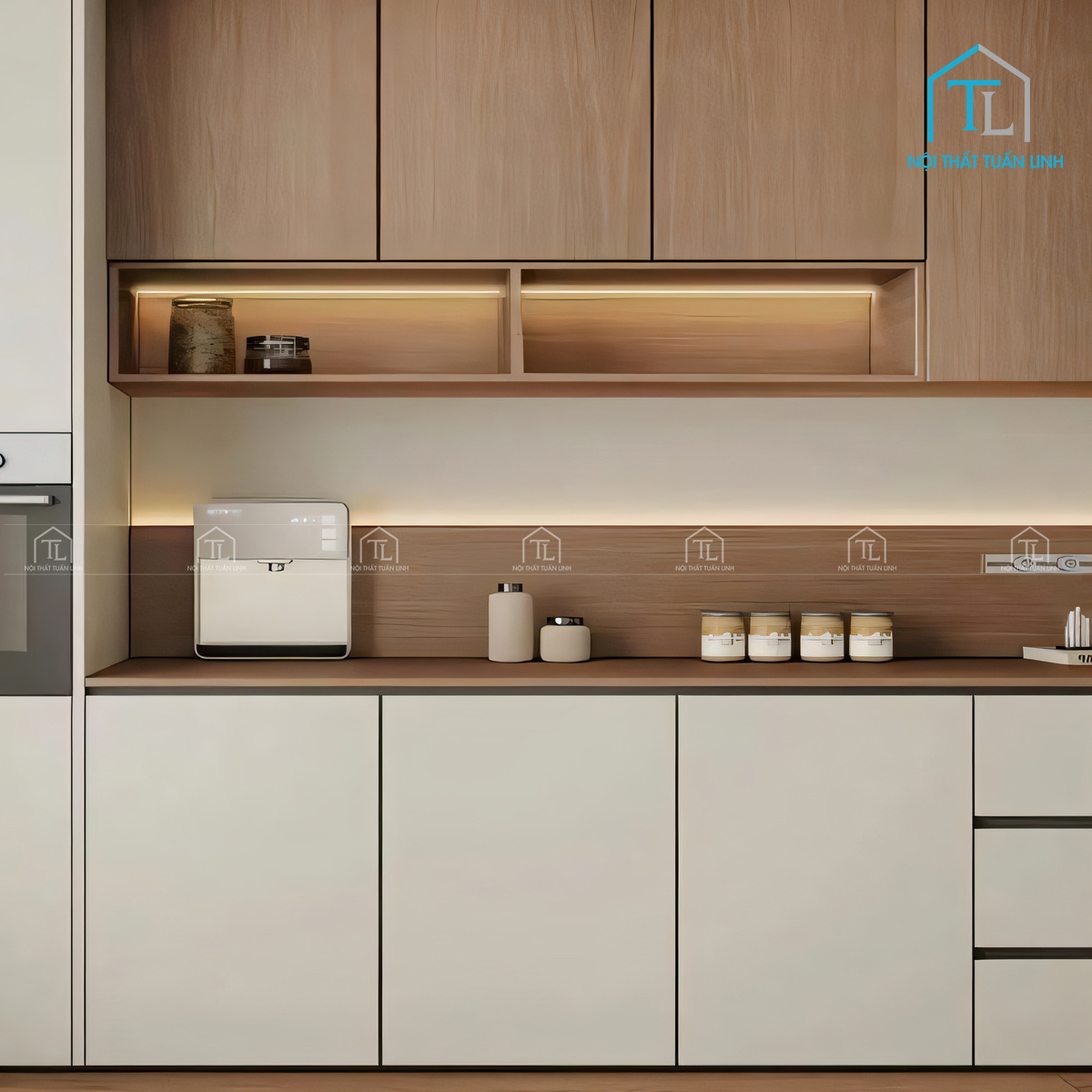 Tủ bếp gỗ công nghiệp MDF hiện đại phối vân gỗ