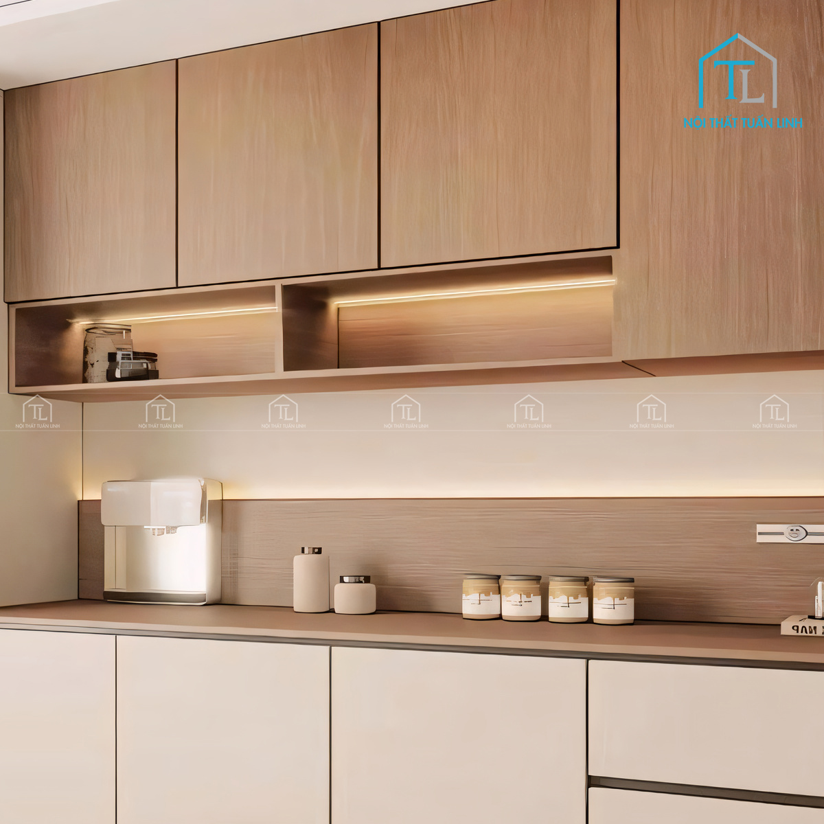 Tủ bếp gỗ công nghiệp MDF hiện đại phối vân gỗ