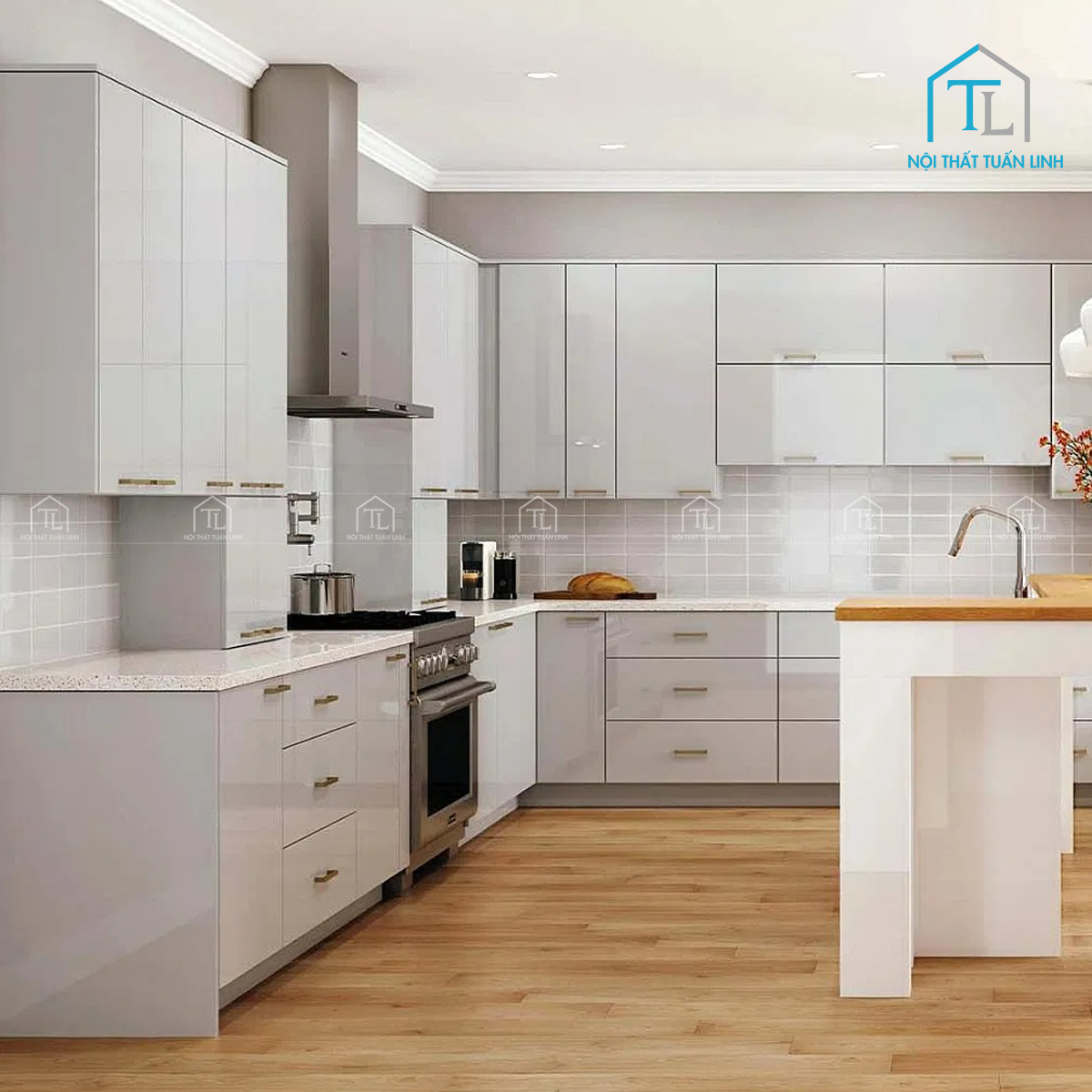Tủ bếp MDF màu trắng xám hiện đại thiết kế tinh giản