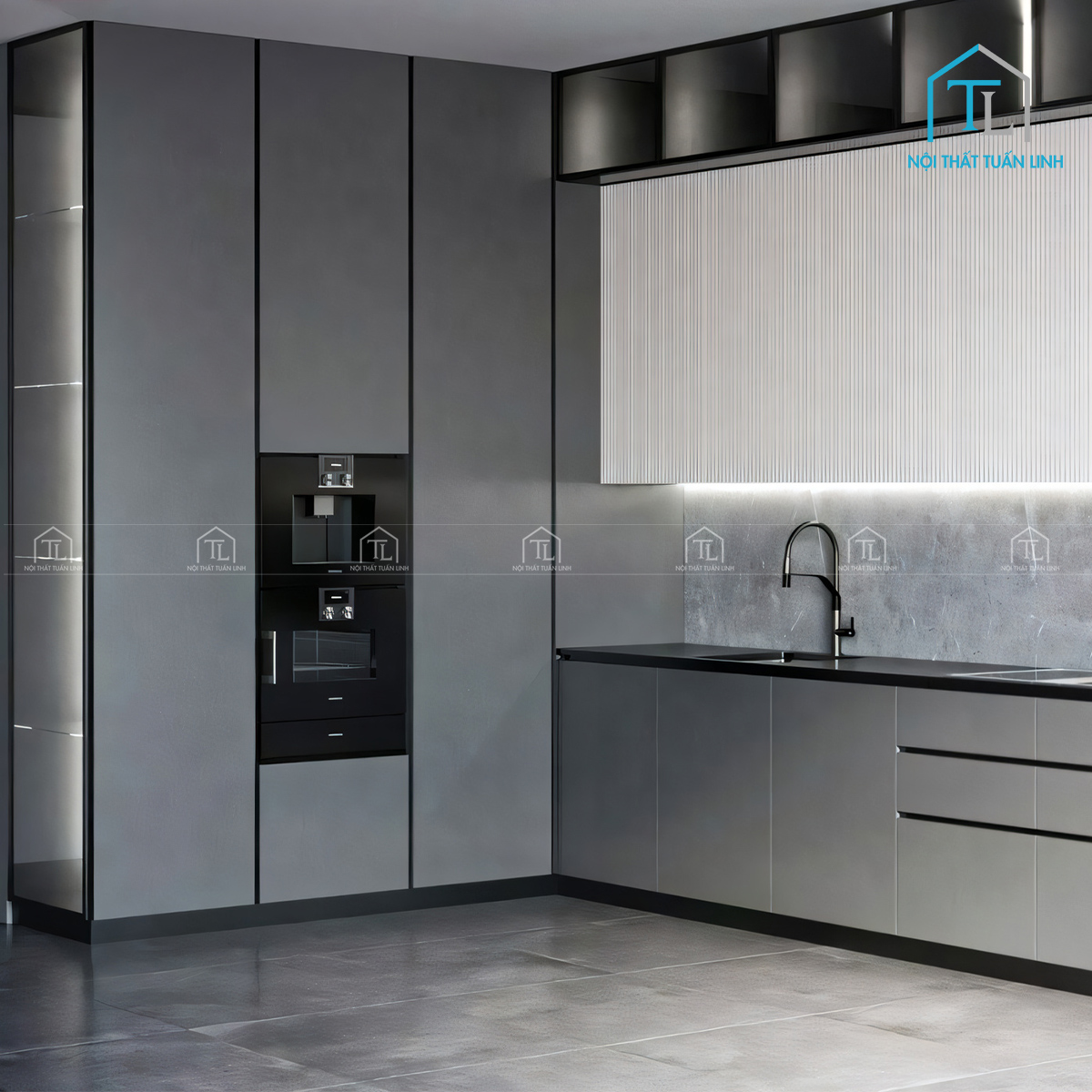 Tủ bếp MDF màu xám cao cấp hiện đại