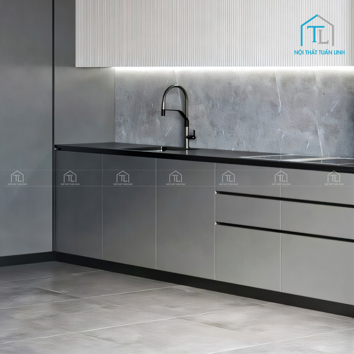 Tủ bếp MDF màu xám cao cấp hiện đại