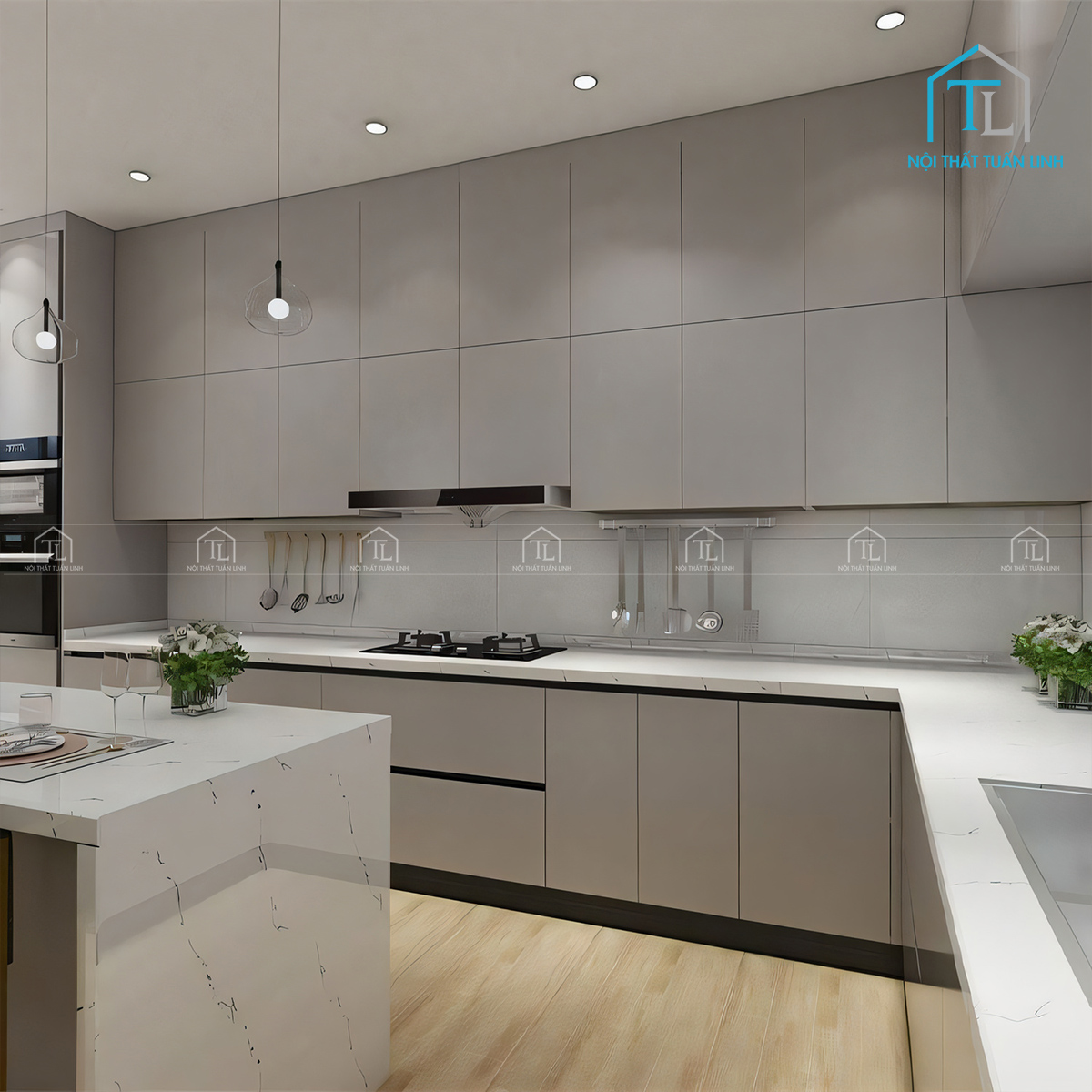 Tủ bếp MDF màu xám cao cấp kèm bàn đảo đá hiện đại