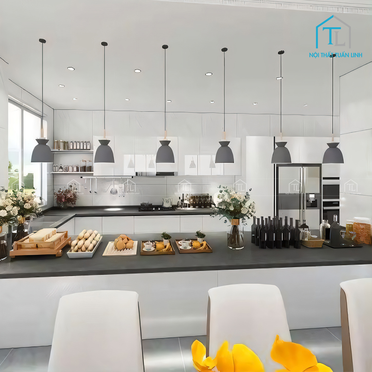 Tủ bếp MDF phủ Acrylic màu trắng cao cấp hiện đại
