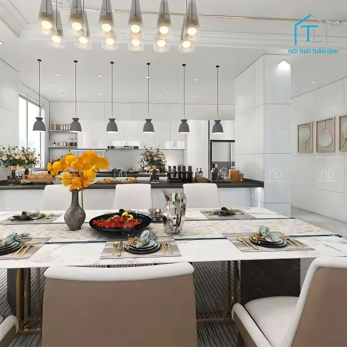 Tủ bếp MDF phủ Acrylic màu trắng cao cấp hiện đại