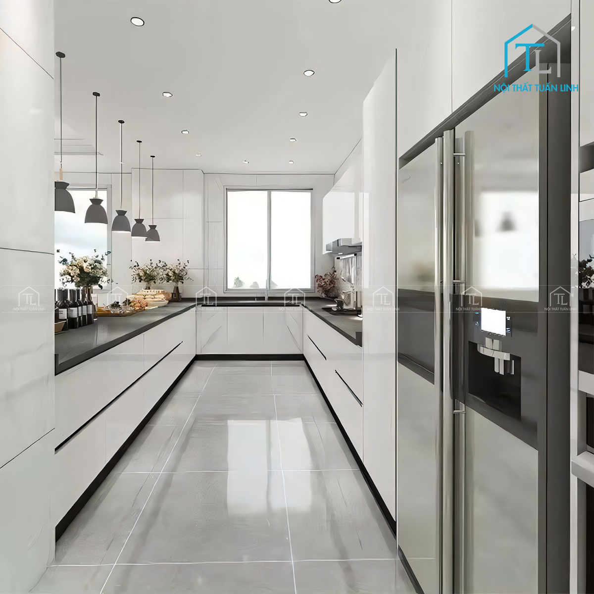 Tủ bếp MDF phủ Acrylic màu trắng cao cấp hiện đại