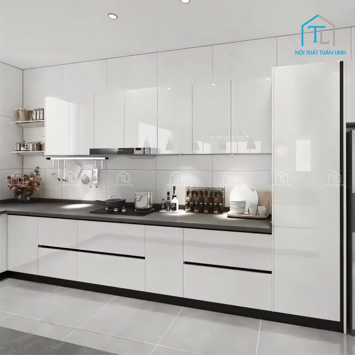 Tủ bếp MDF phủ Acrylic màu trắng cao cấp hiện đại