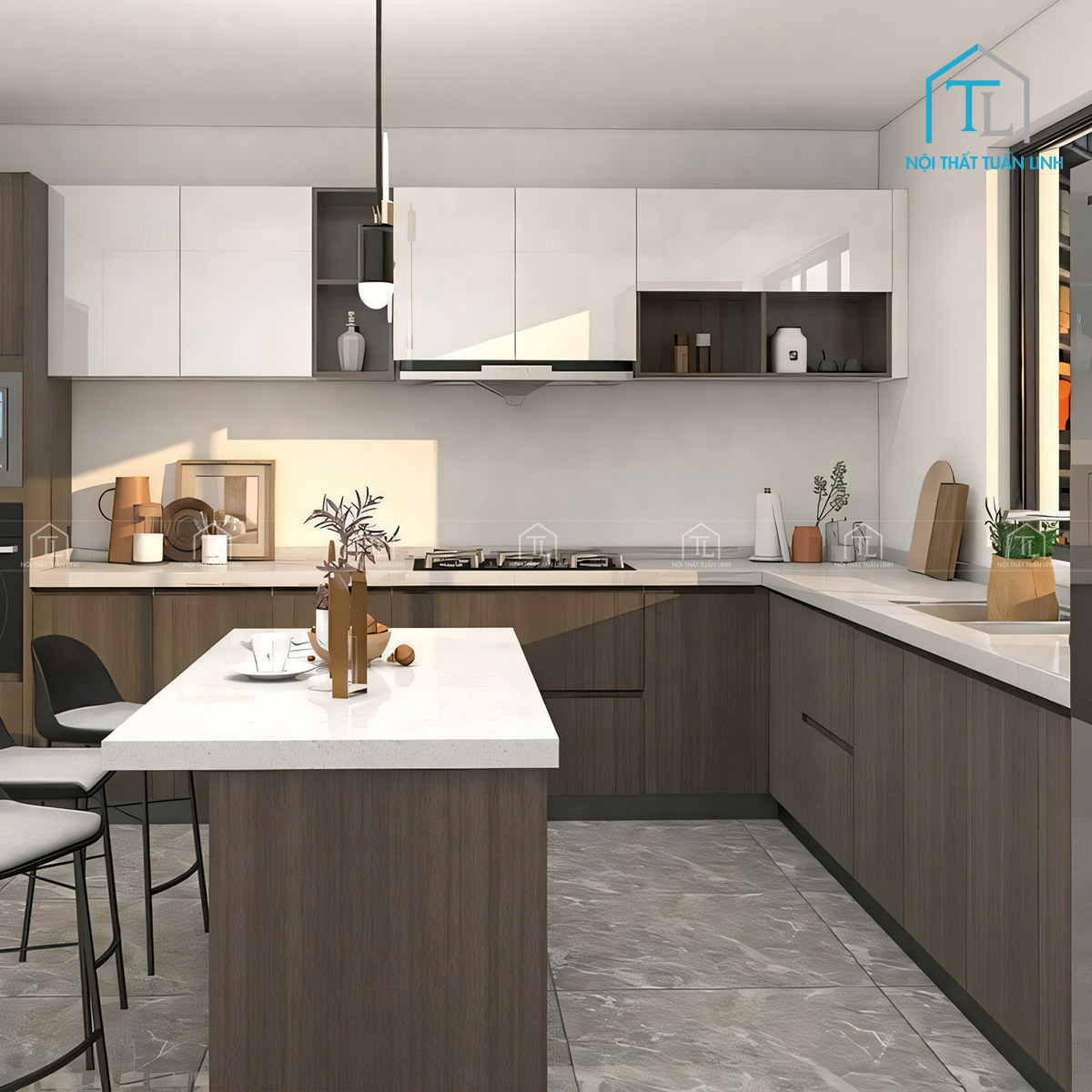 Tủ bếp MDF trắng bóng kết hợp vân gỗ thiết kế chữ L hiện đại