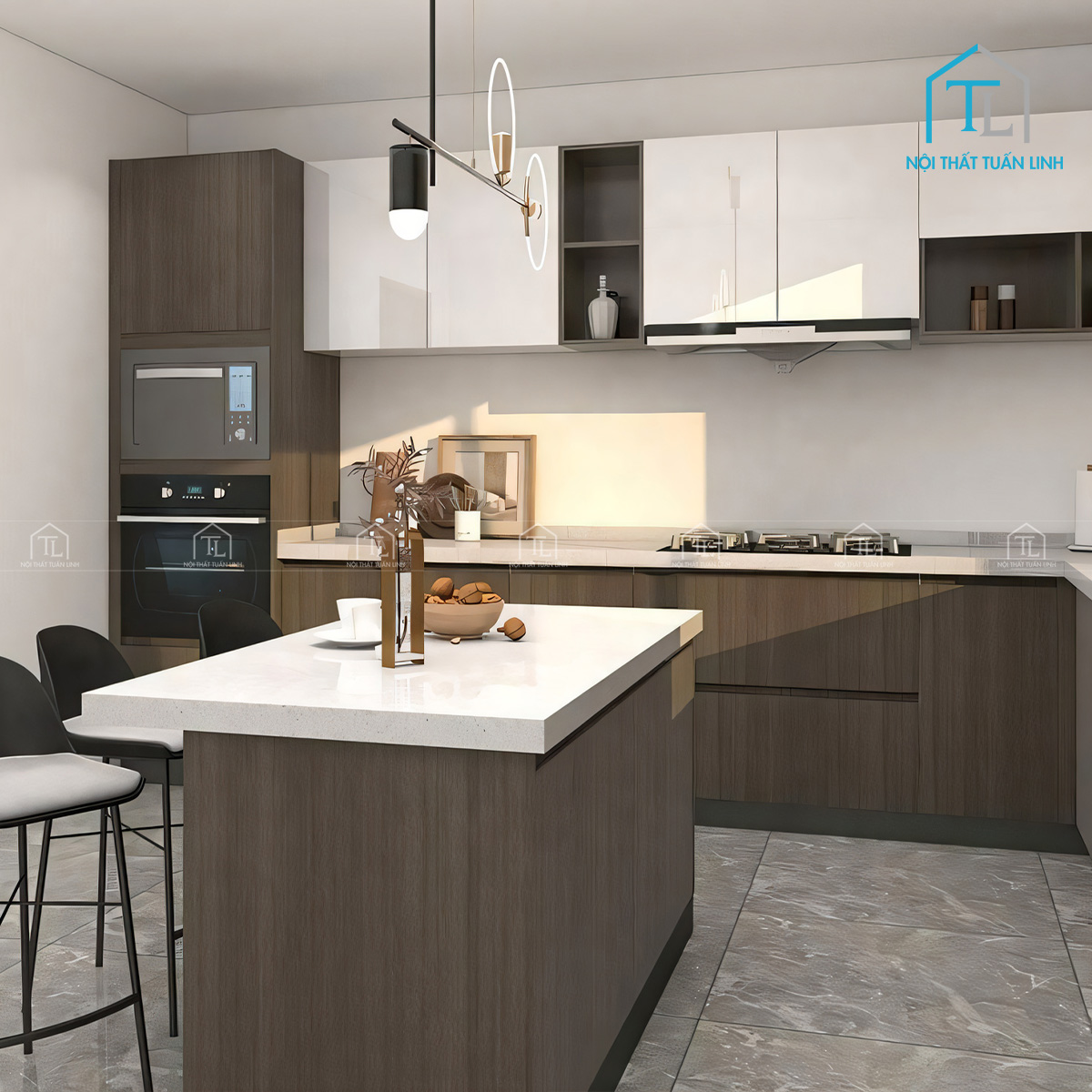 Tủ bếp MDF trắng bóng kết hợp vân gỗ thiết kế chữ L hiện đại