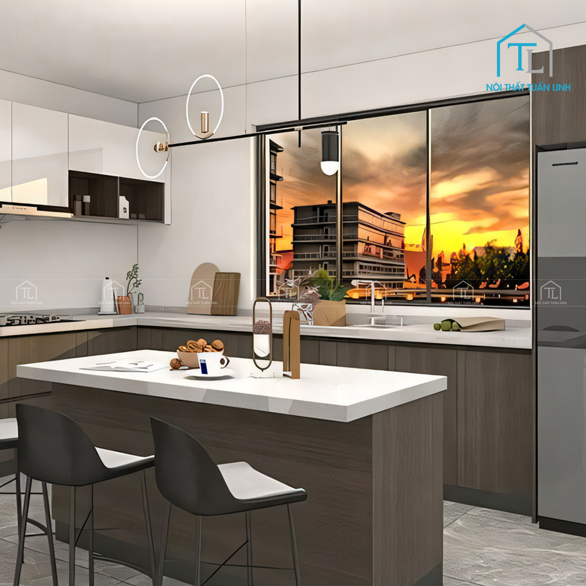 Tủ bếp MDF trắng bóng kết hợp vân gỗ thiết kế chữ L hiện đại