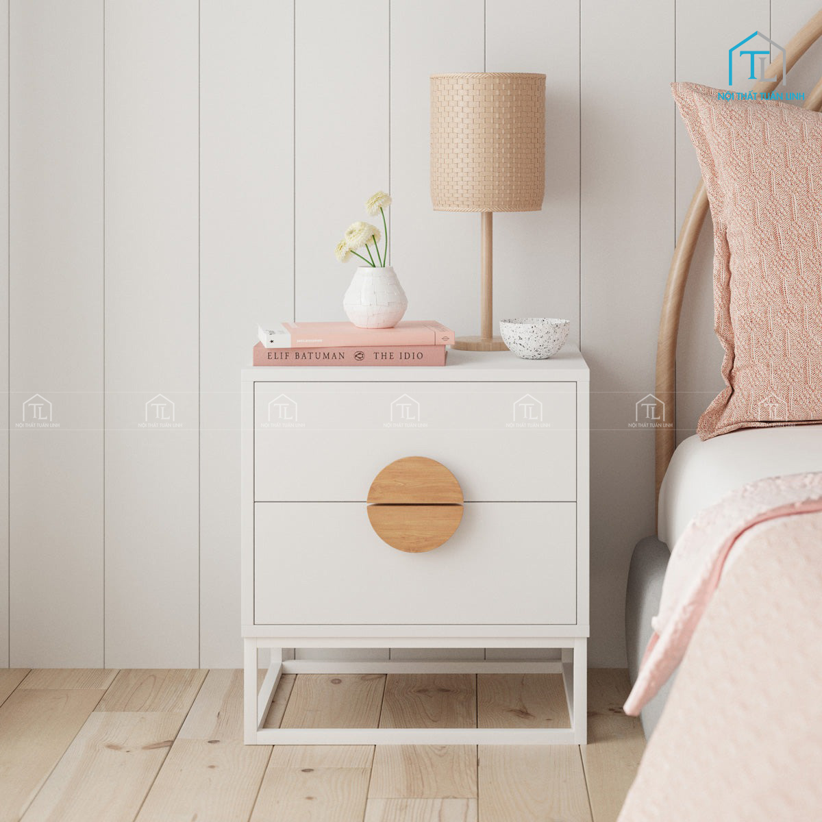 Tủ đầu giường gỗ công nghiệp màu trắng hiện đại, tiện dụng