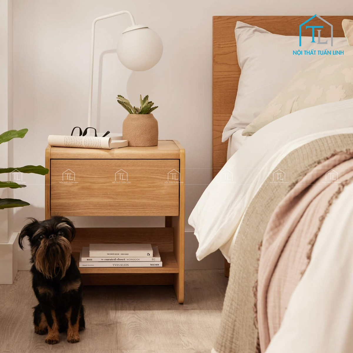 Tủ đầu giường gỗ MDF bo cong phủ vân gỗ hiện đại