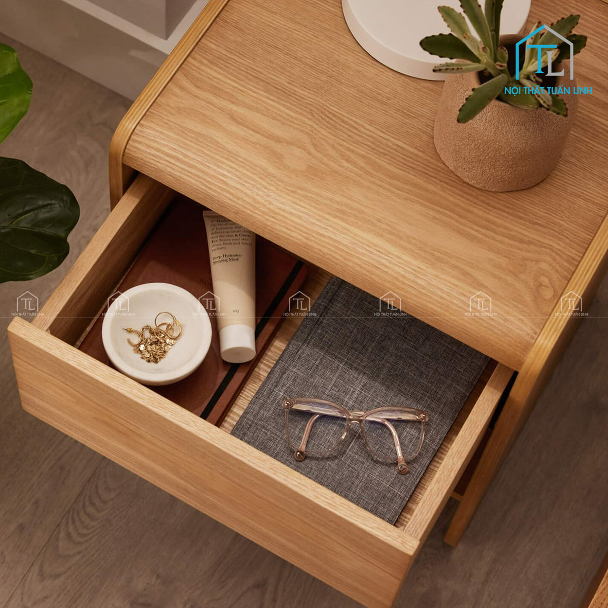 Tủ đầu giường gỗ MDF bo cong phủ vân gỗ hiện đại