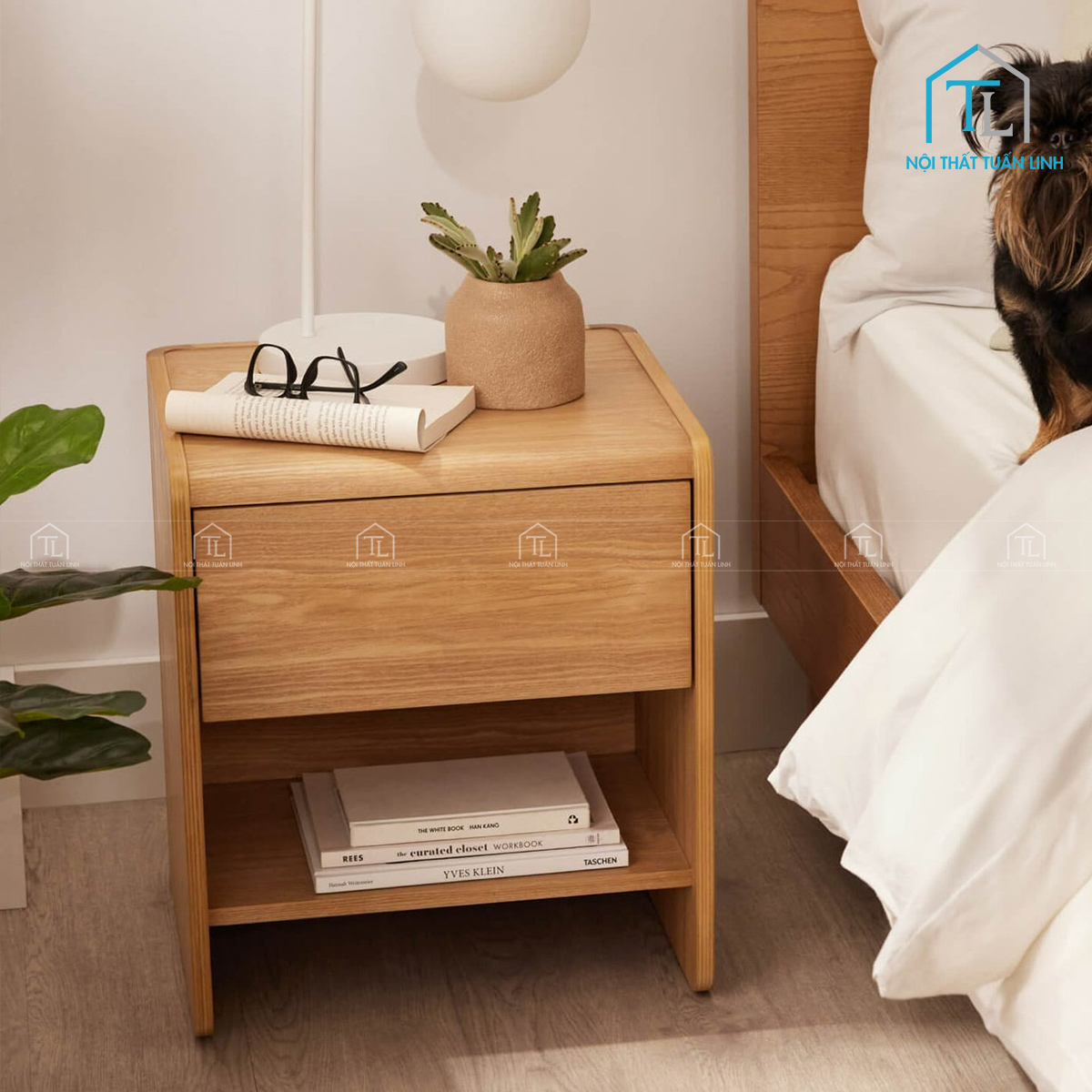 Tủ đầu giường gỗ MDF bo cong phủ vân gỗ hiện đại