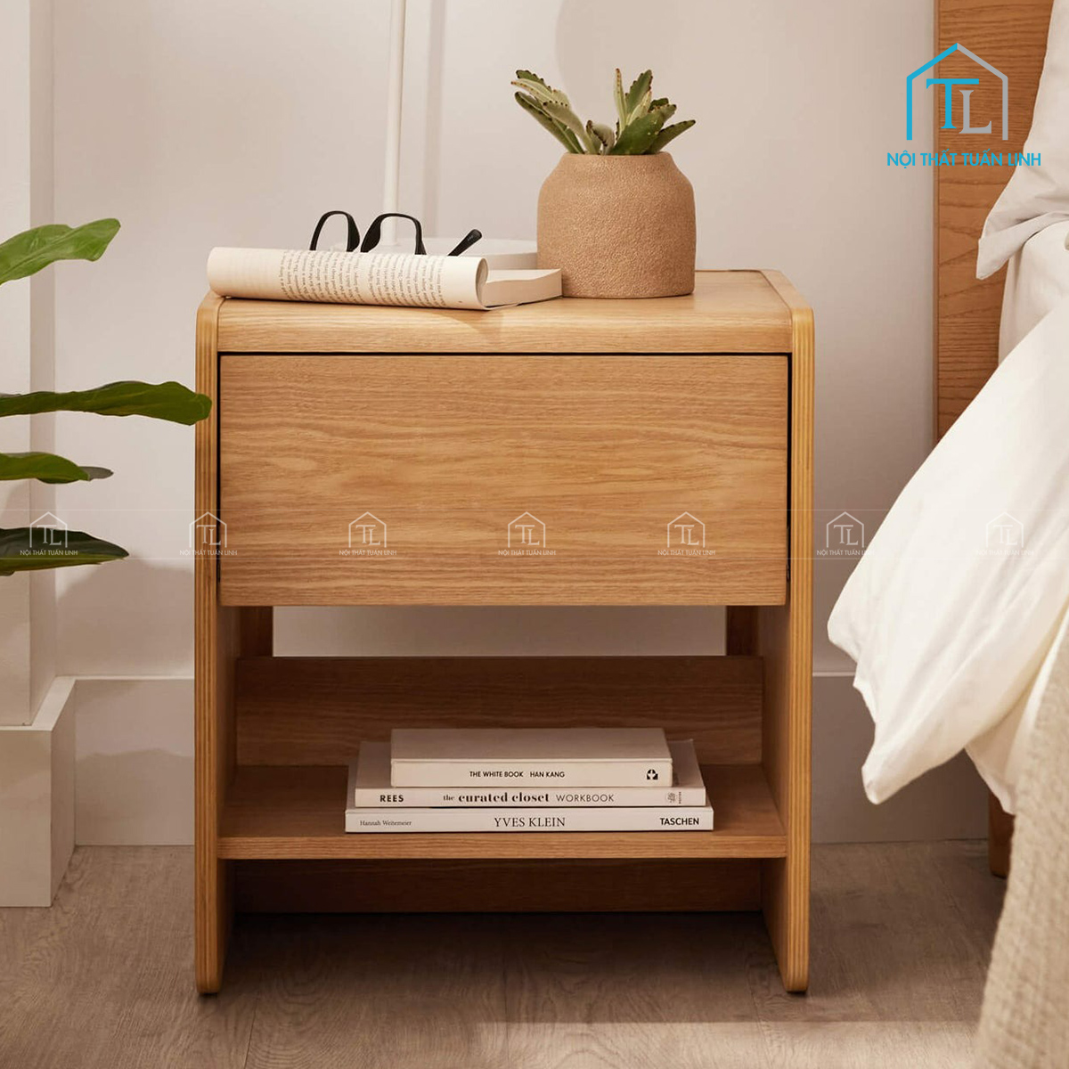 Tủ đầu giường gỗ MDF bo cong phủ vân gỗ hiện đại
