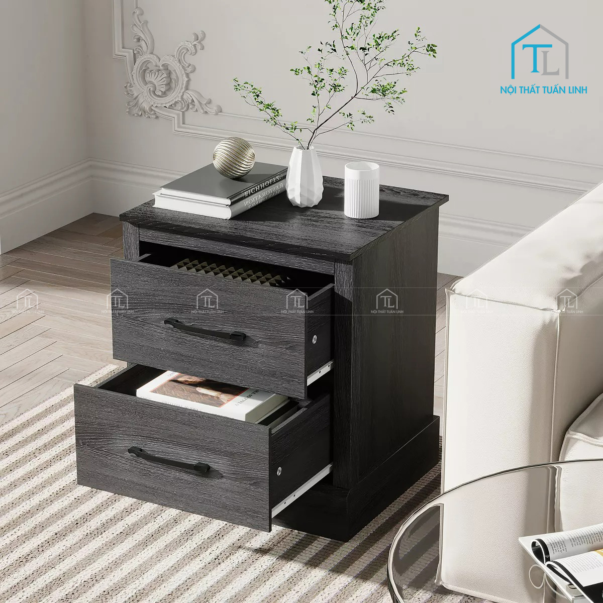 Tủ đầu giường MDF 2 ngăn kéo phong cách farmhouse hiện đại