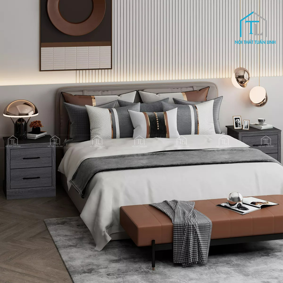 Tủ đầu giường MDF 2 ngăn kéo phong cách farmhouse hiện đại
