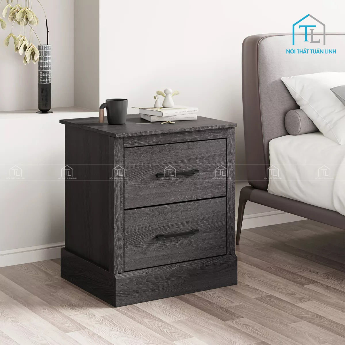 Tủ đầu giường MDF 2 ngăn kéo phong cách farmhouse hiện đại