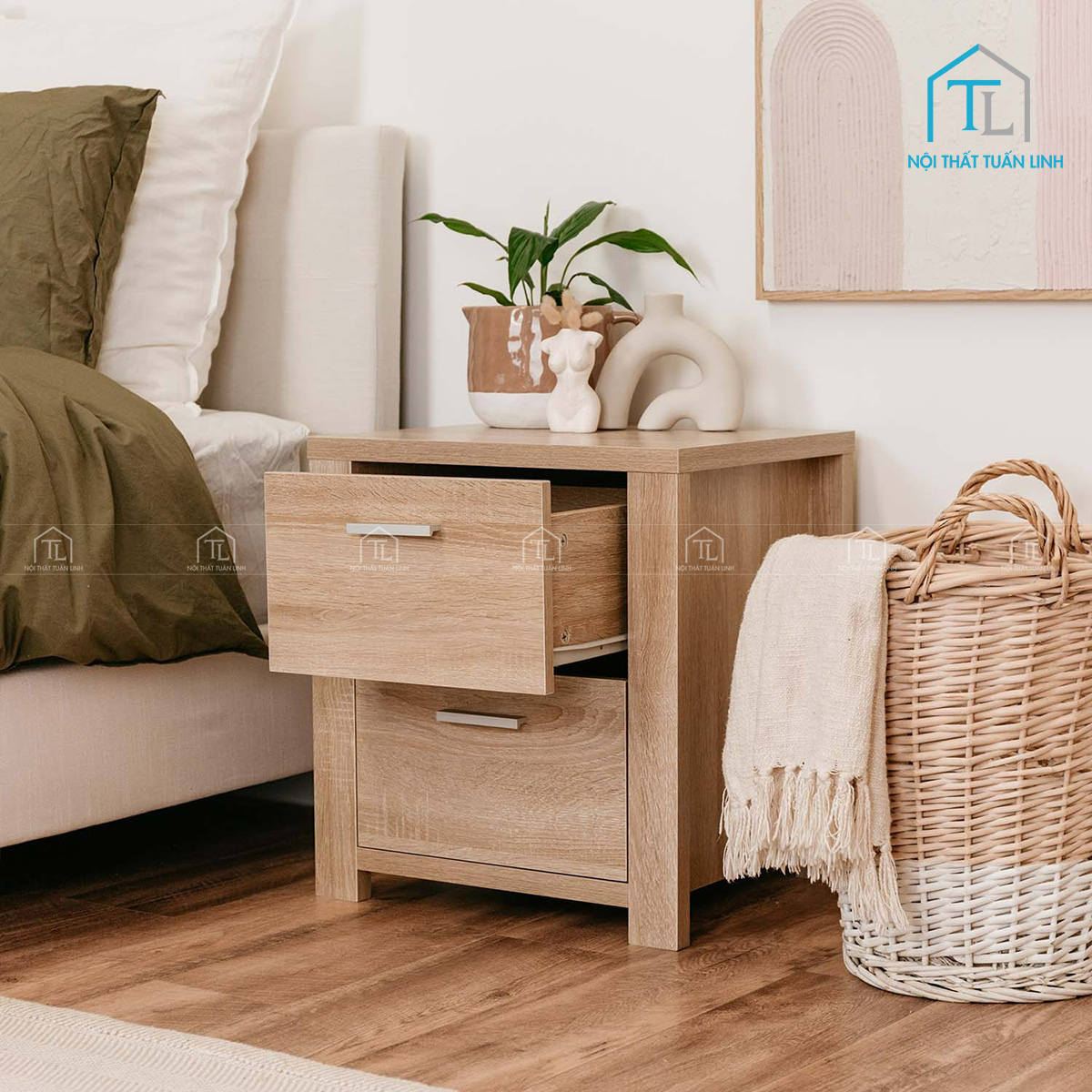 Tủ đầu giường MDF 2 ngăn kéo tay nắm kim loại phong cách hiện đại