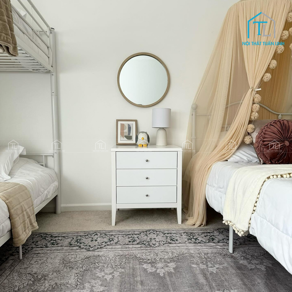 Tủ đầu giường MDF màu trắng 3 ngăn kéo thiết kế hiện đại