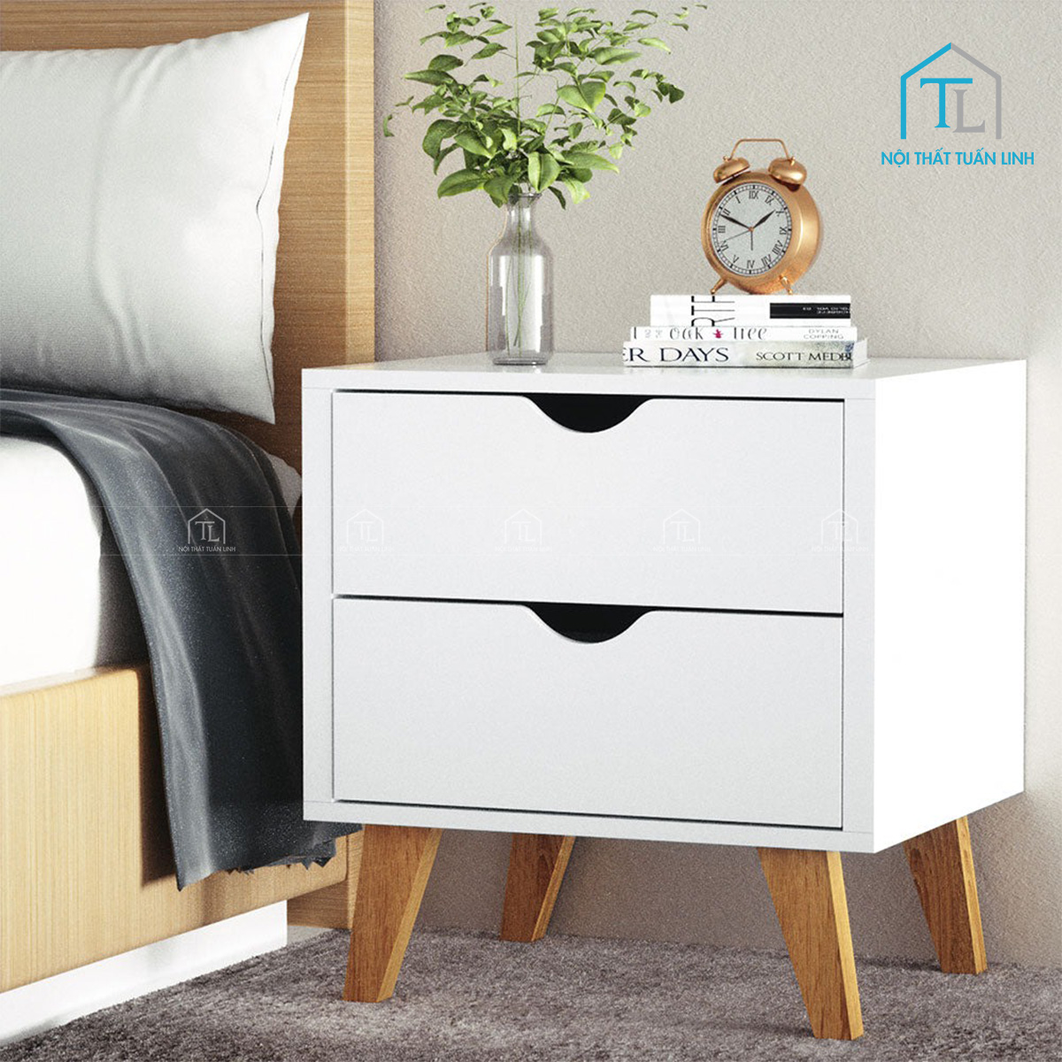 Tủ đầu giường MDF phủ veneer trắng 2 ngăn kéo thiết kế tối giản