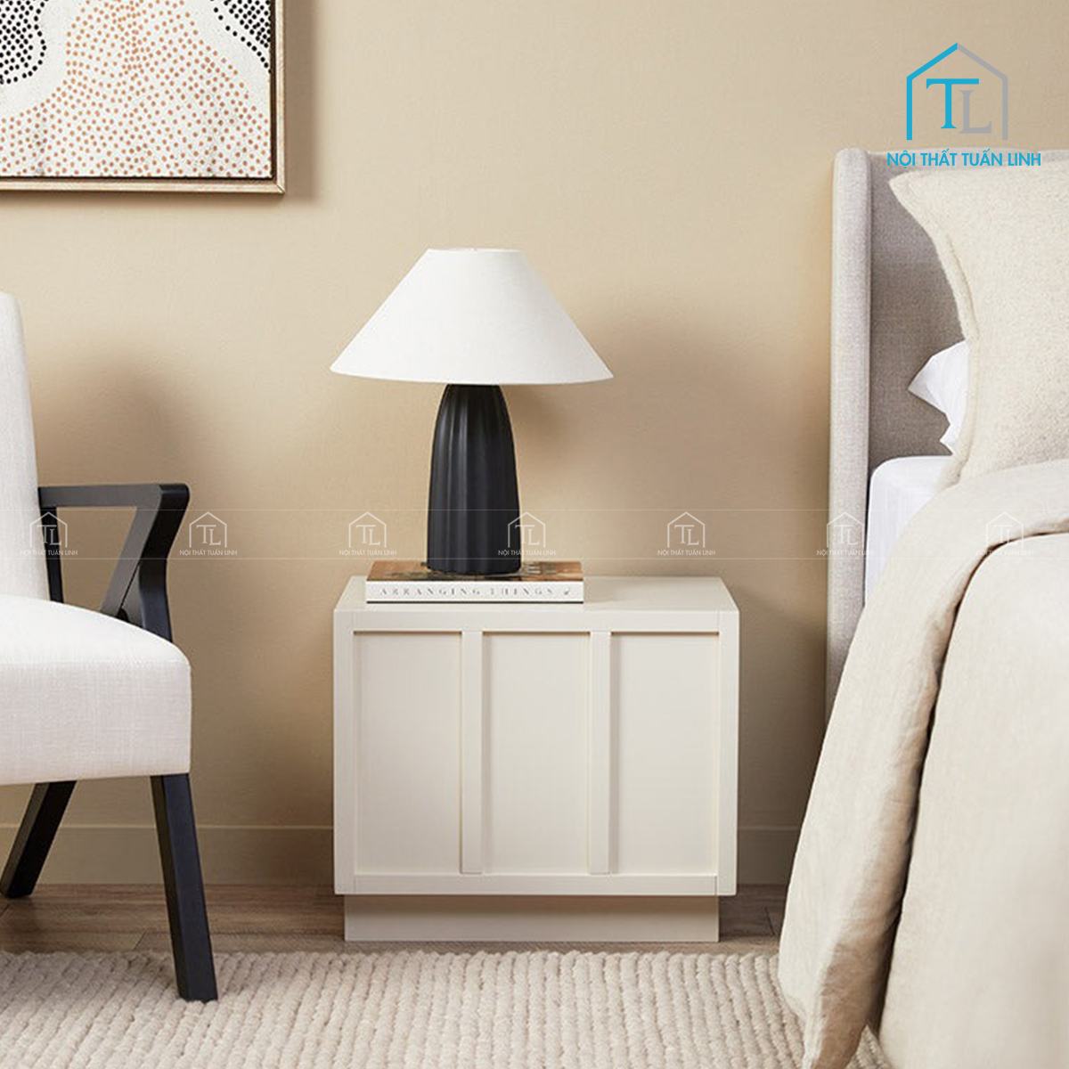 Tủ đầu giường MDF sơn màu be phong cách hiện đại