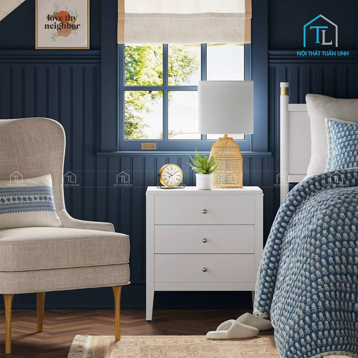 Tủ đầu giường MDF màu trắng 3 ngăn kéo thiết kế hiện đại