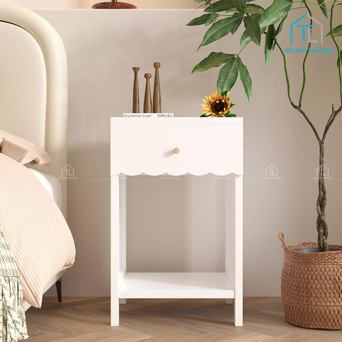 Tủ đầu giường MDF trắng bo viền uốn lượn hiện đại có ngăn kéo và kệ mở