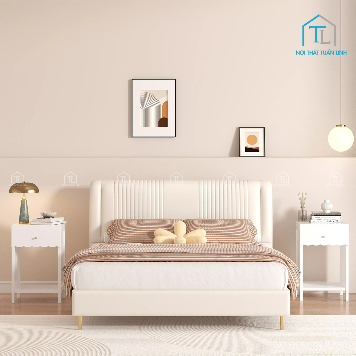 Tủ đầu giường MDF trắng bo viền uốn lượn hiện đại có ngăn kéo và kệ mở