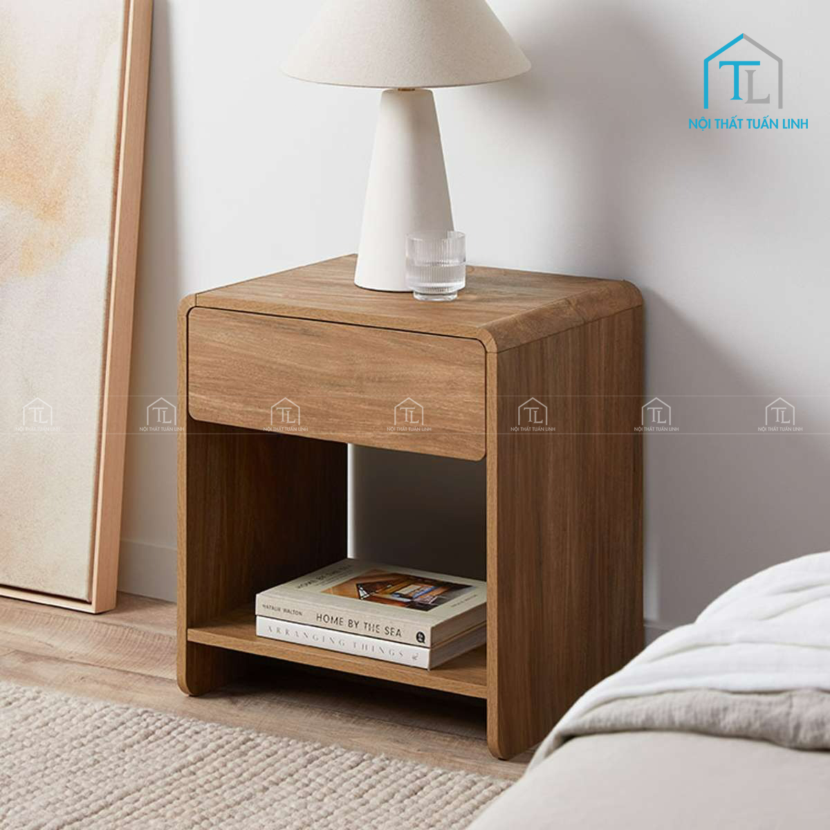 Tủ đầu giường MDF vân gỗ óc chó thiết kế bo cong hiện đại
