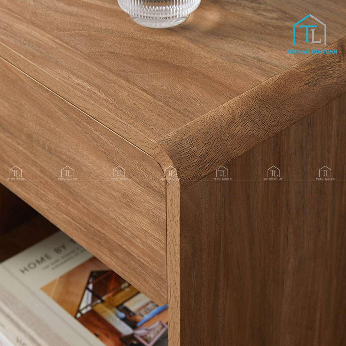 Tủ đầu giường MDF vân gỗ óc chó thiết kế bo cong hiện đại