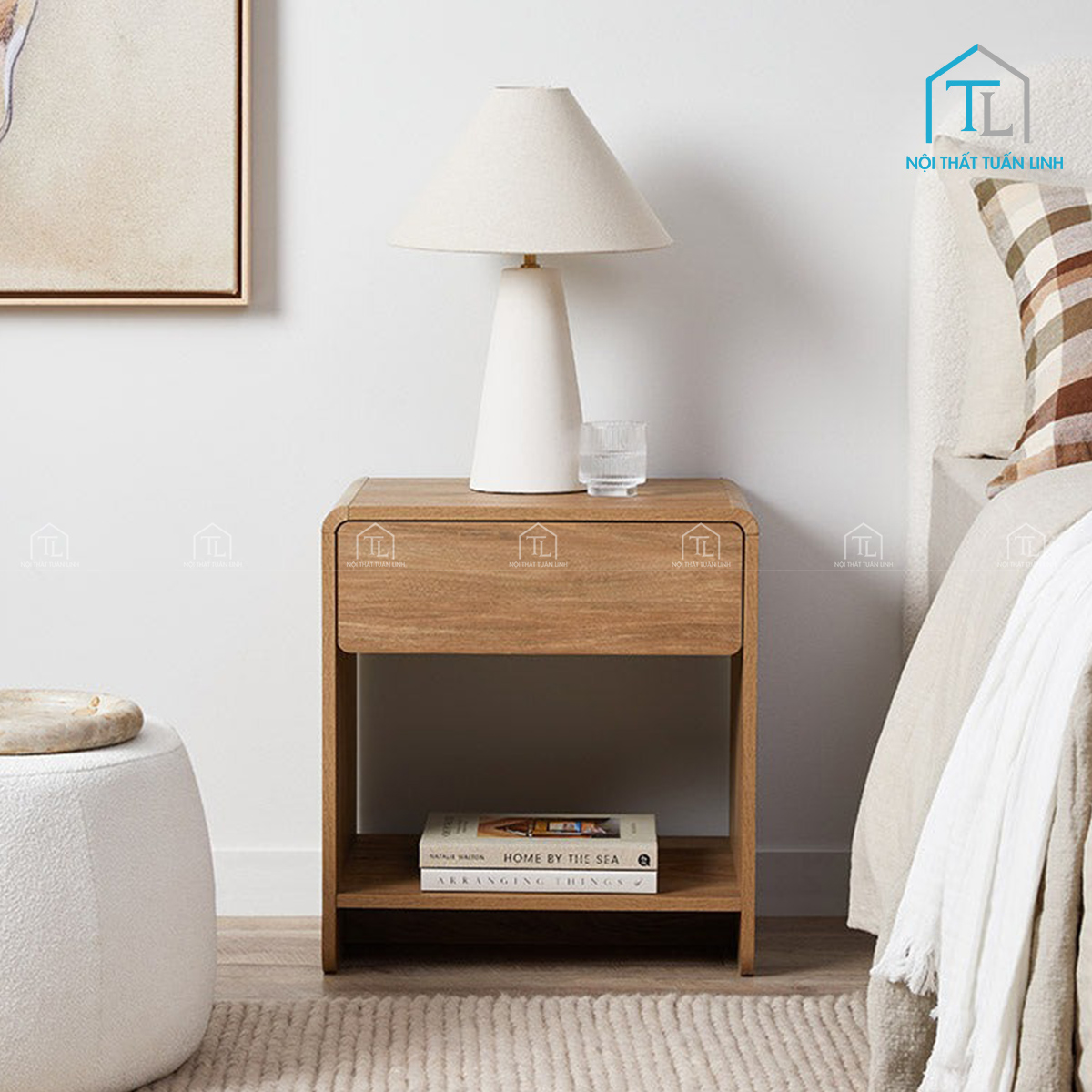 Tủ đầu giường MDF vân gỗ óc chó thiết kế bo cong hiện đại