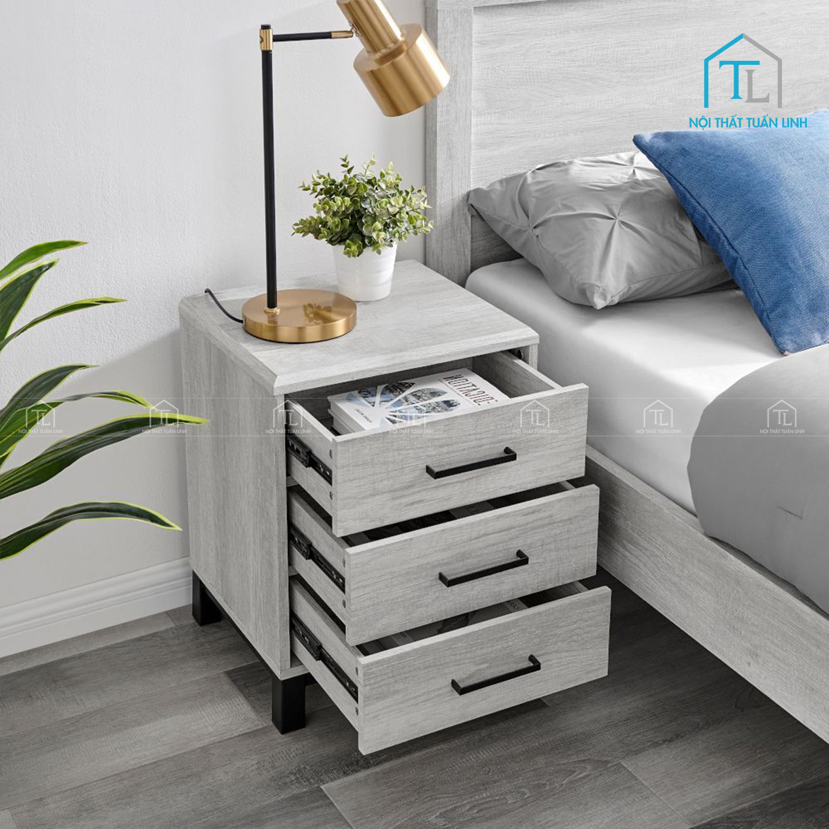 Tủ đầu giường MDF vân gỗ sồi màu xám 3 ngăn kéo phong cách hiện đại