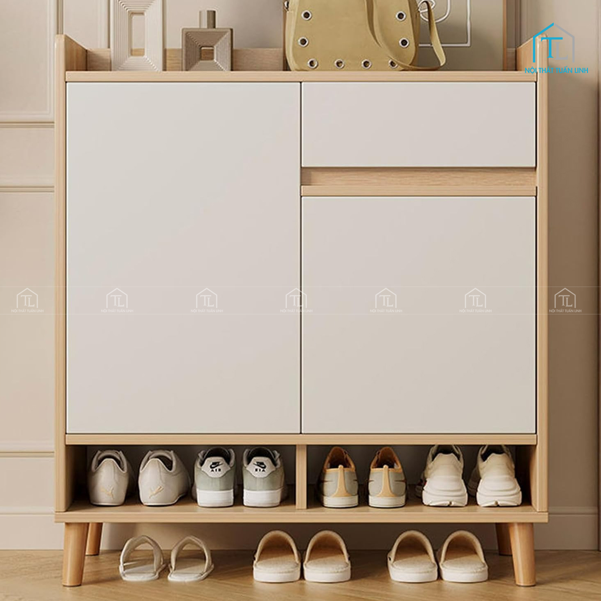 Tủ giày dép bằng gỗ MDF màu kem thiết kế tiện dụng nhỏ gọn