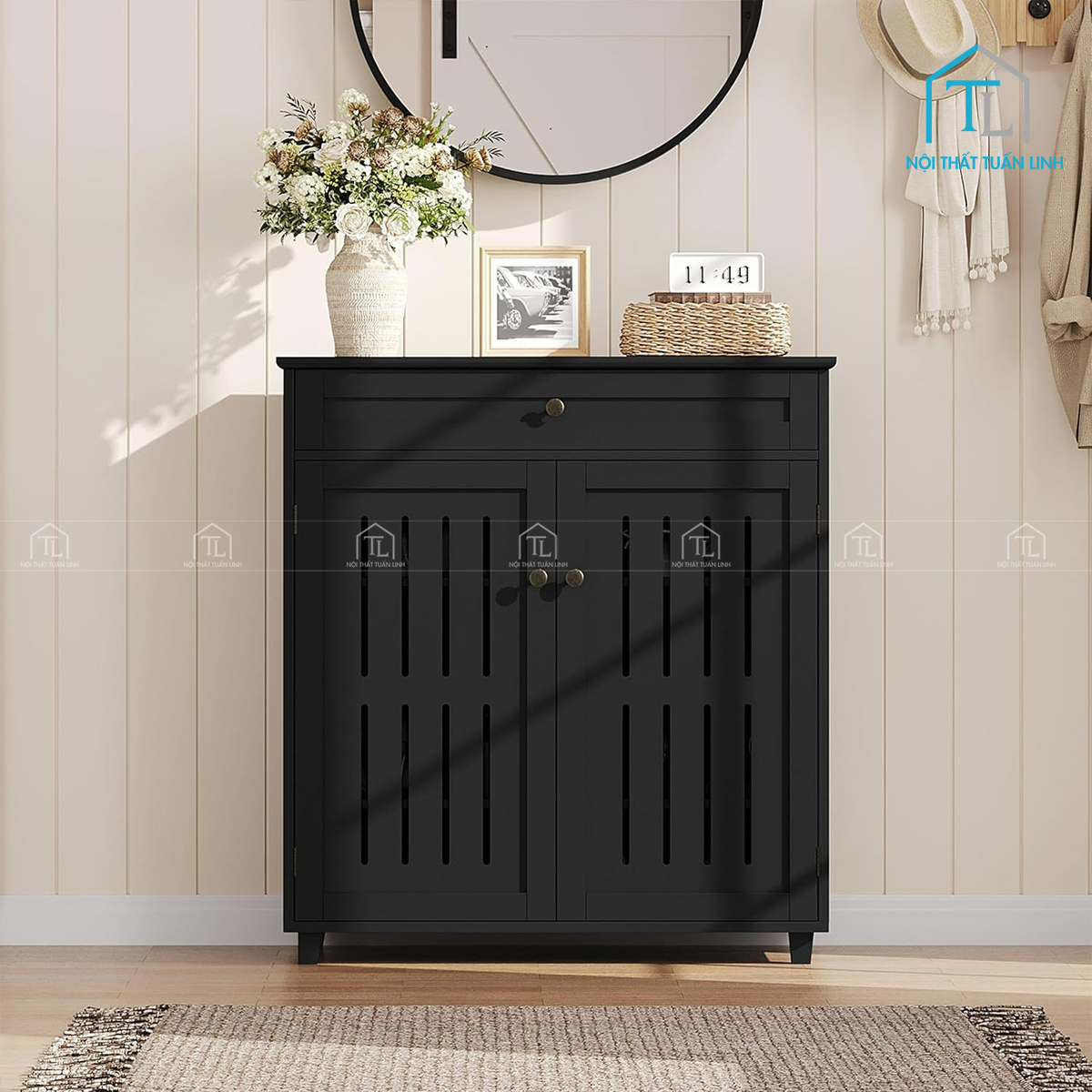 Tủ giày dép gỗ công nghiệp 4 tầng màu đen hiện đại có ngăn kéo