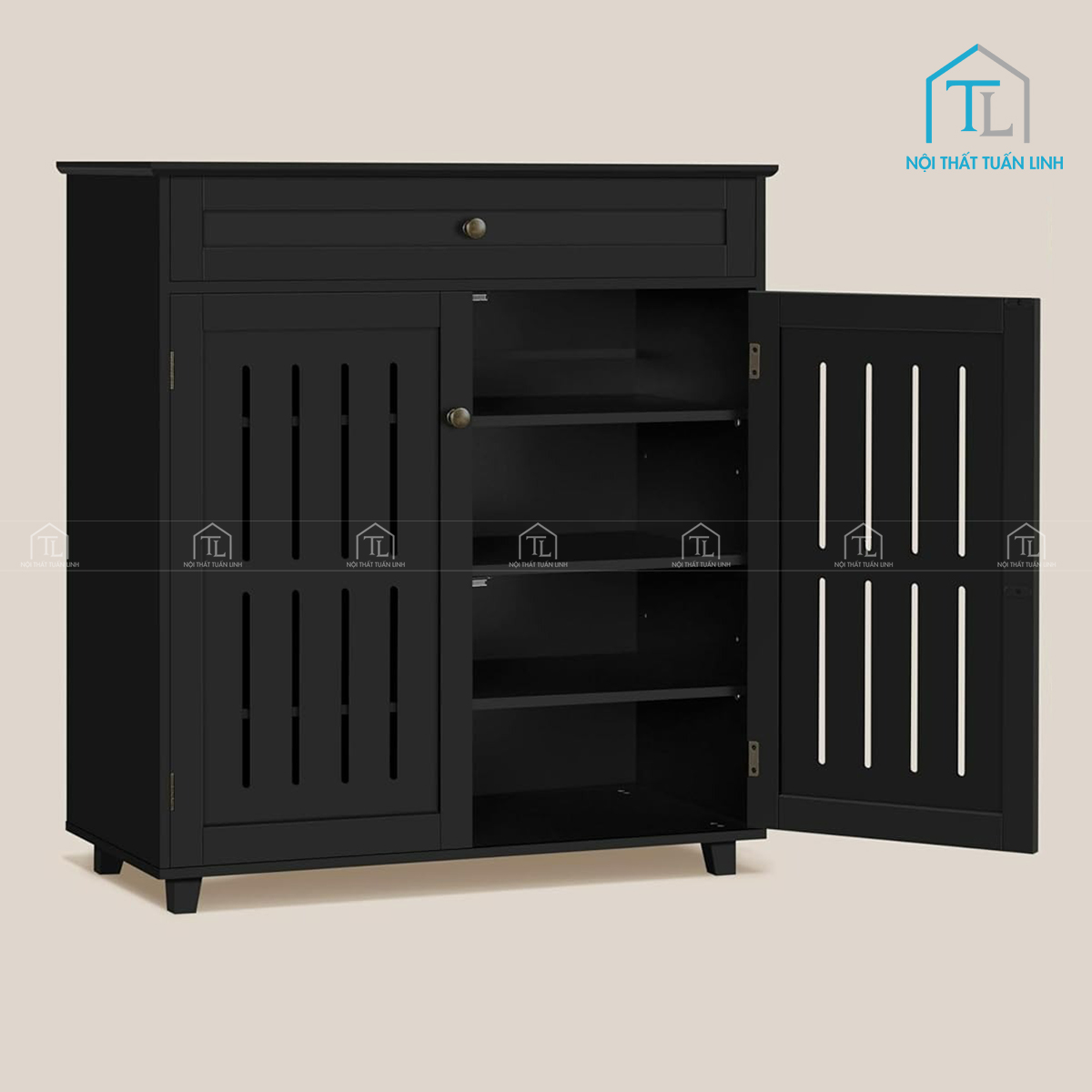 Tủ giày dép gỗ công nghiệp 4 tầng màu đen hiện đại có ngăn kéo