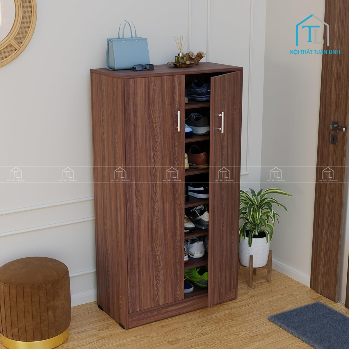 Tủ giày dép gỗ công nghiệp 7 tầng màu óc chó hiện đại