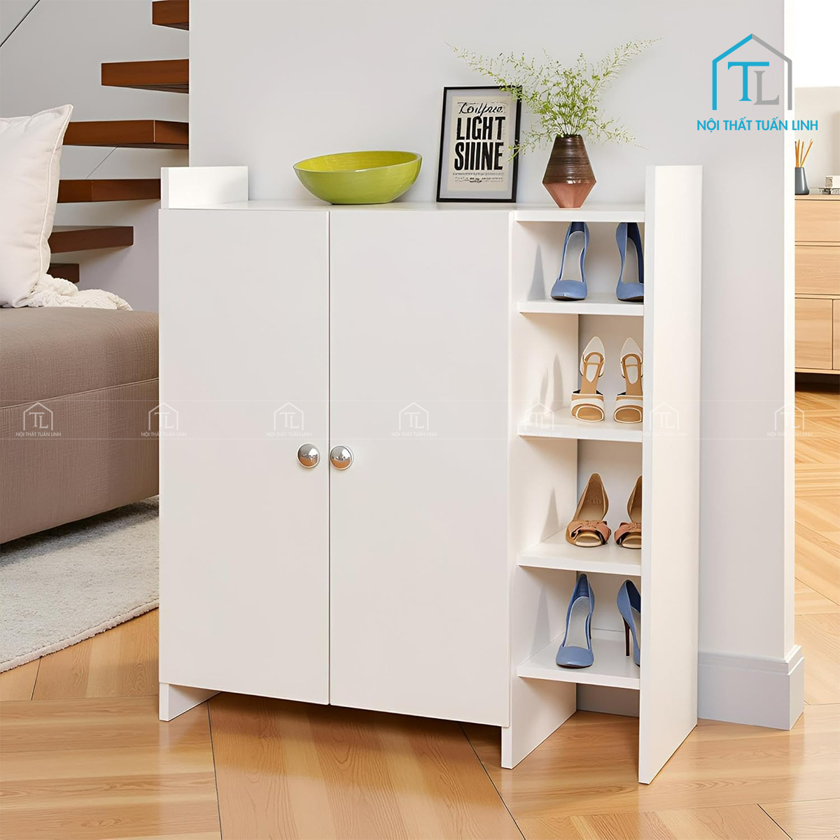Tủ giày dép gỗ công nghiệp gam màu trắng thiết kế hiện đại