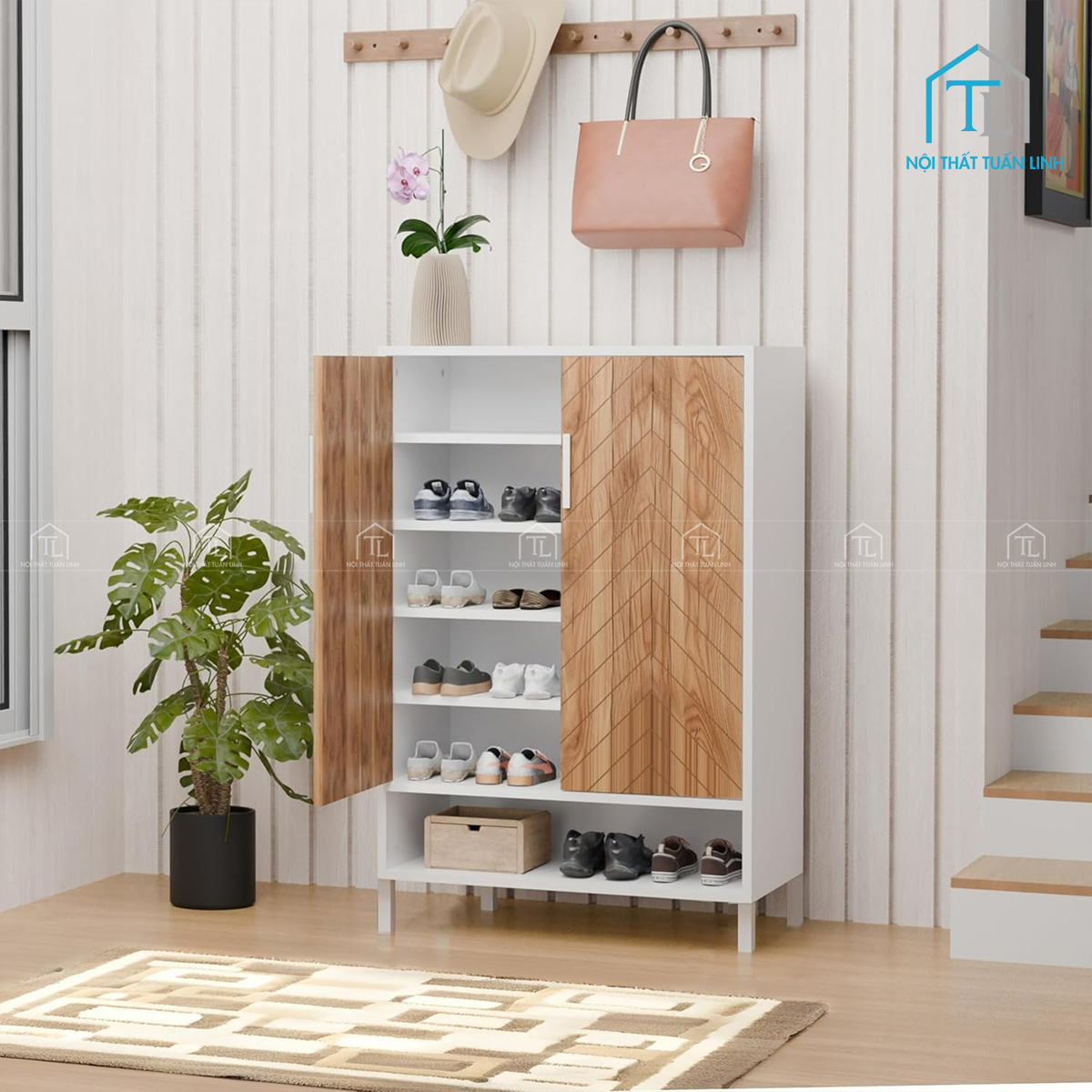 Tủ giày dép gỗ công nghiệp màu trắng phối vân gỗ thiết kế hiện đại