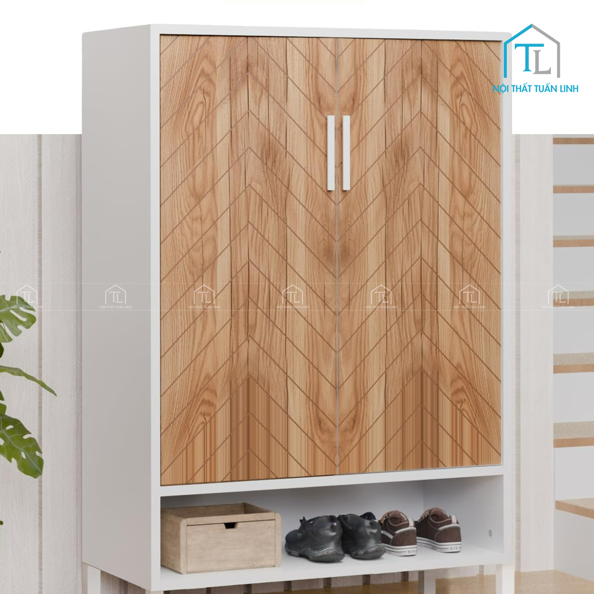 Tủ giày dép gỗ công nghiệp màu trắng phối vân gỗ thiết kế hiện đại