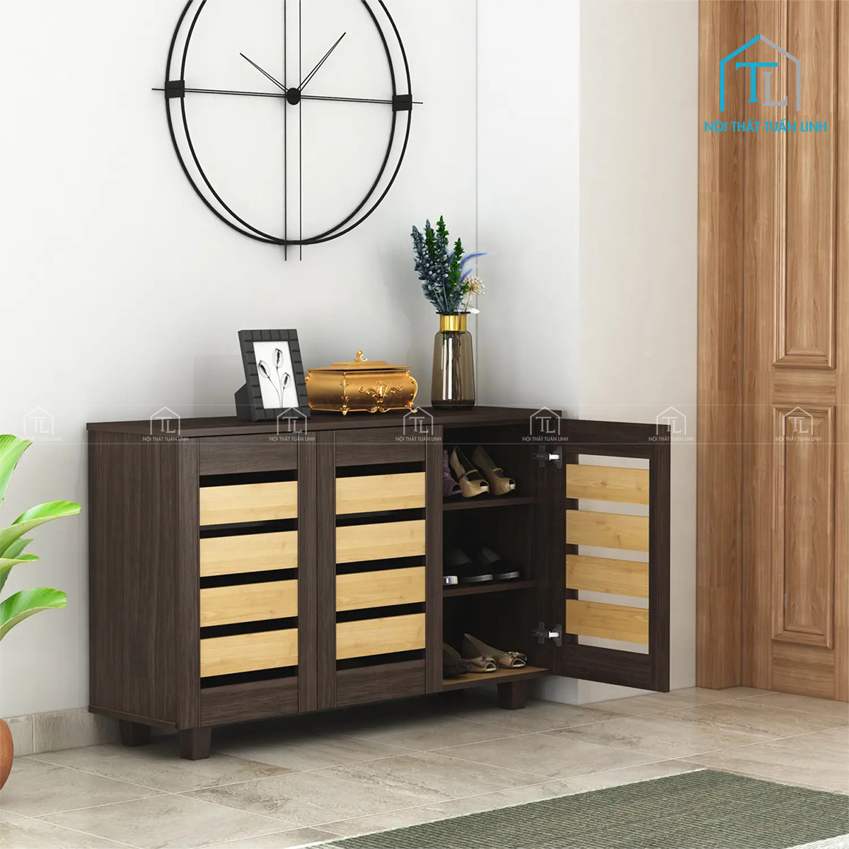 Tủ giày dép gỗ công nghiệp màu vàng nâu hiện đại