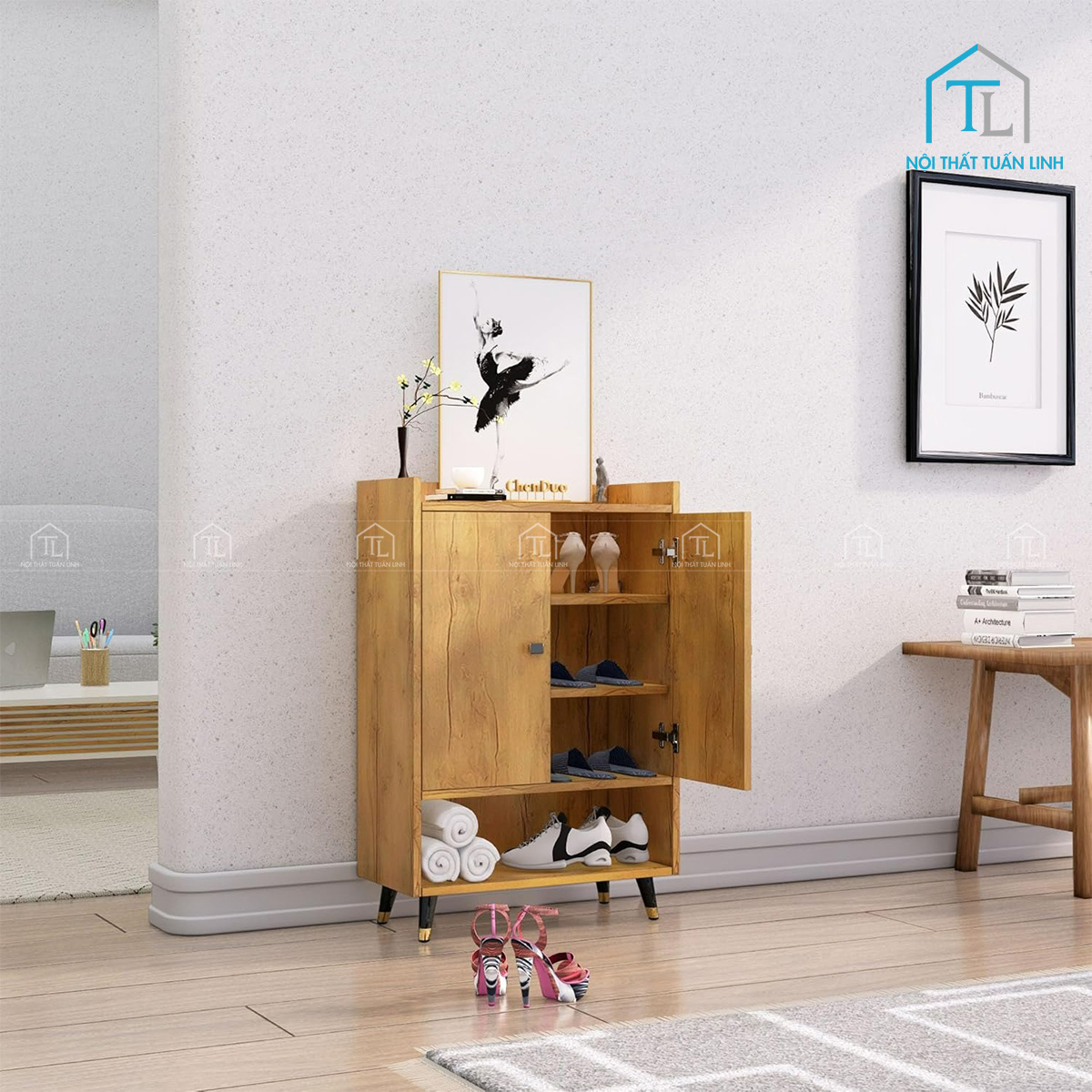Tủ giày dép gỗ công nghiệp thiết kế hiện đại cho phòng khách