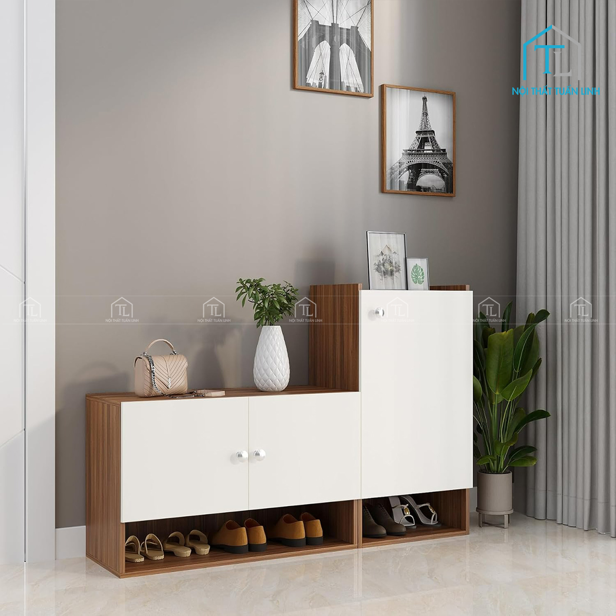 Tủ giày gỗ công nghiệp 8 tầng màu trắng phối vân gỗ teak