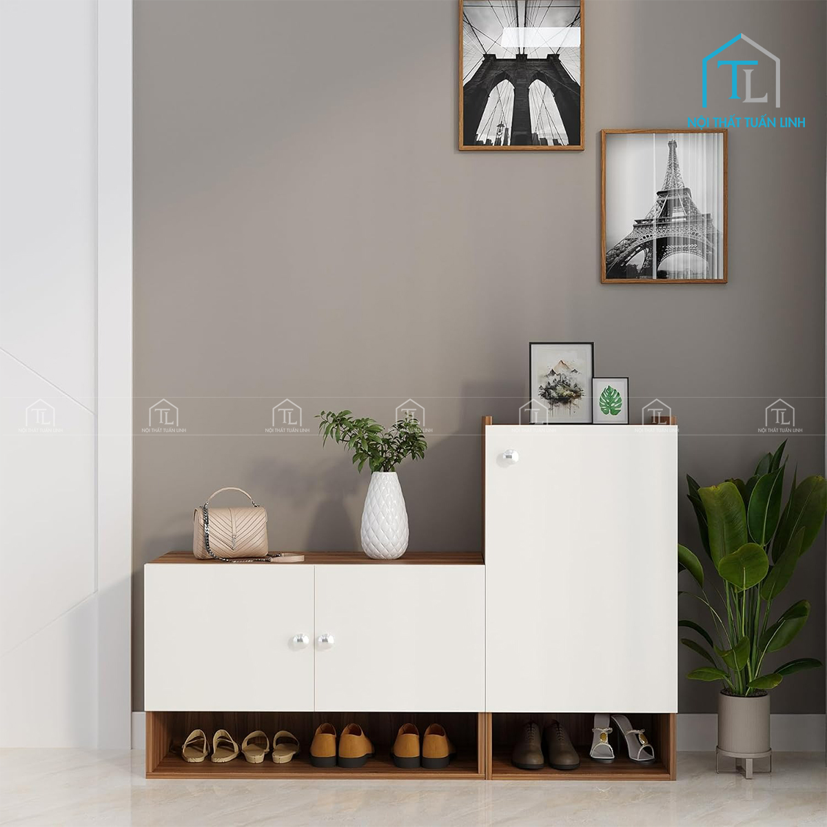 Tủ giày gỗ công nghiệp 8 tầng màu trắng phối vân gỗ teak