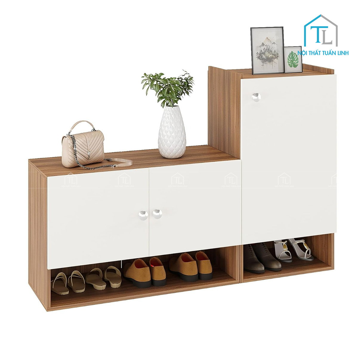 Tủ giày gỗ công nghiệp 8 tầng màu trắng phối vân gỗ teak