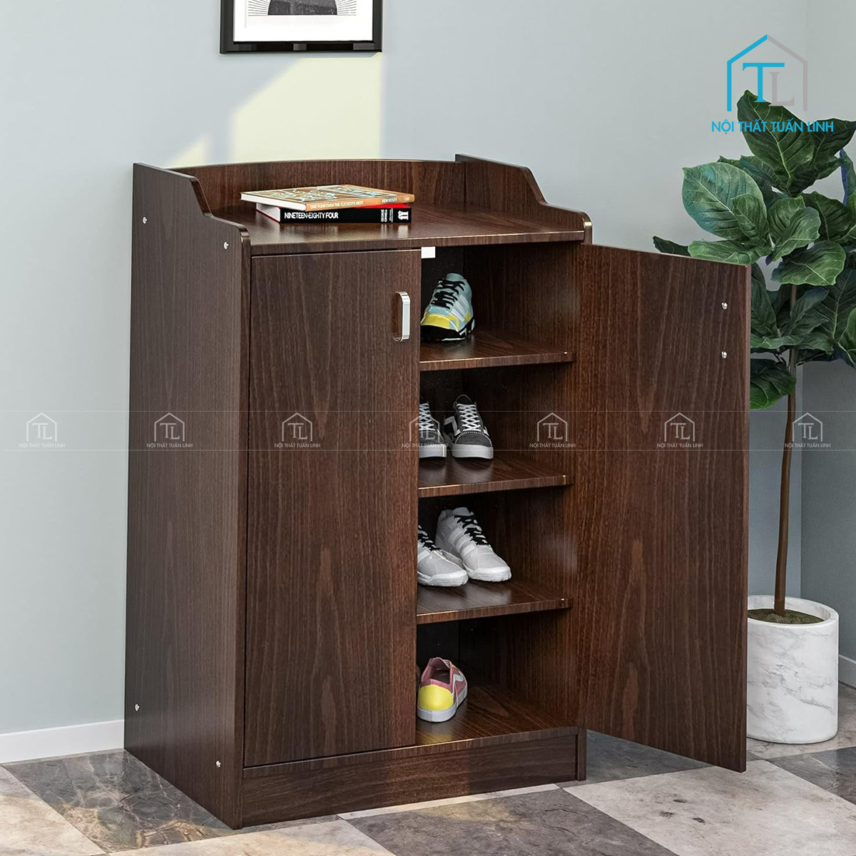 Tủ giày MDF màu gỗ óc chó thiết kế hiện đại