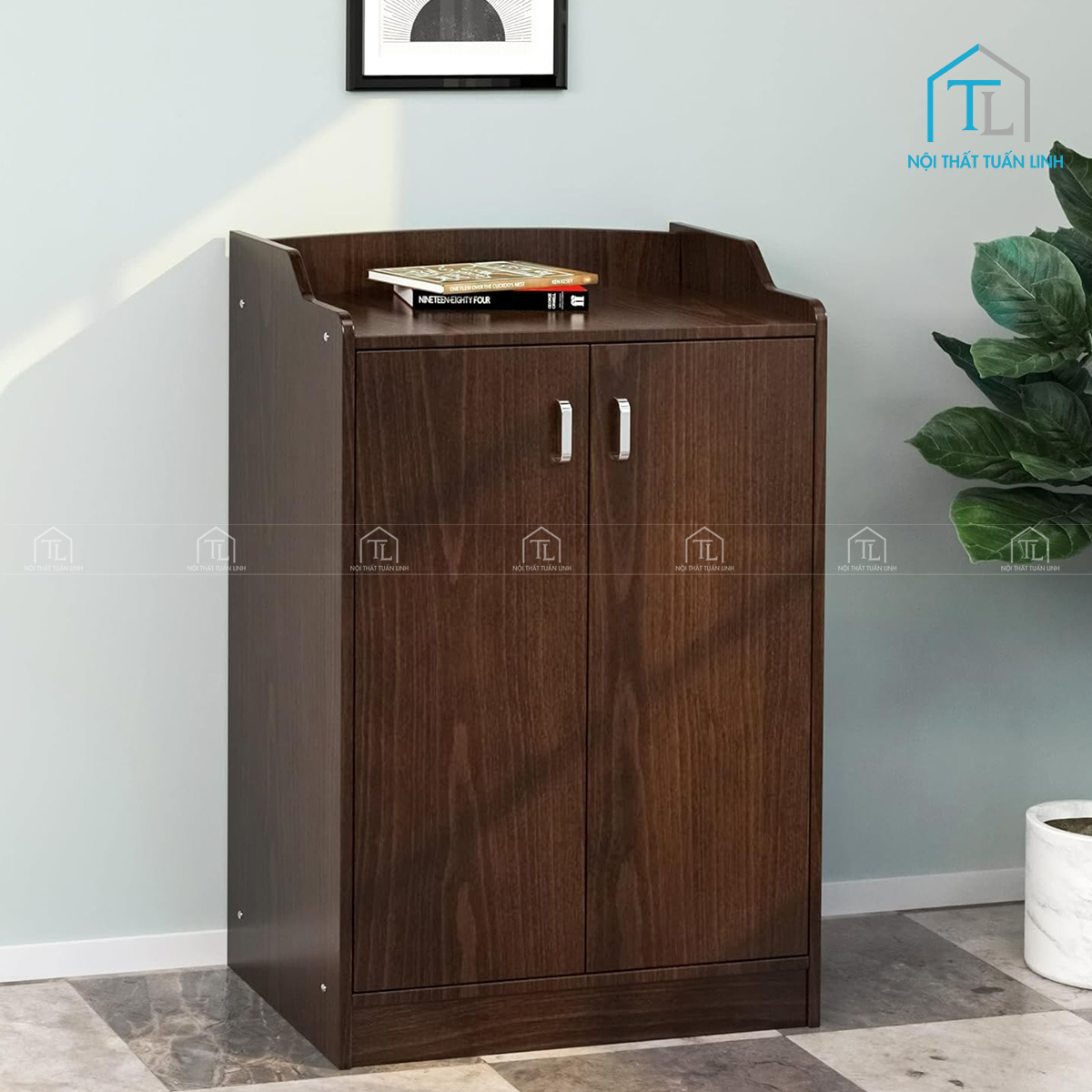 Tủ giày MDF màu gỗ óc chó thiết kế hiện đại